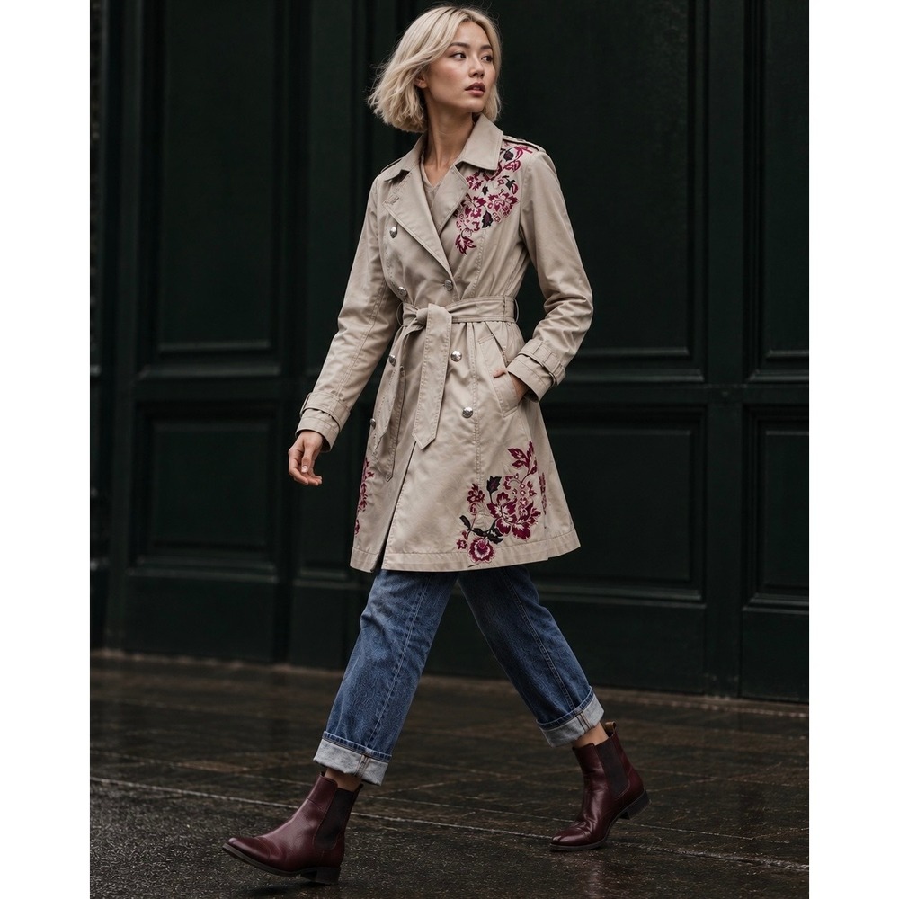 White House Black Market Floral Embroidered Trench Coat XL Silver Buttons NWT